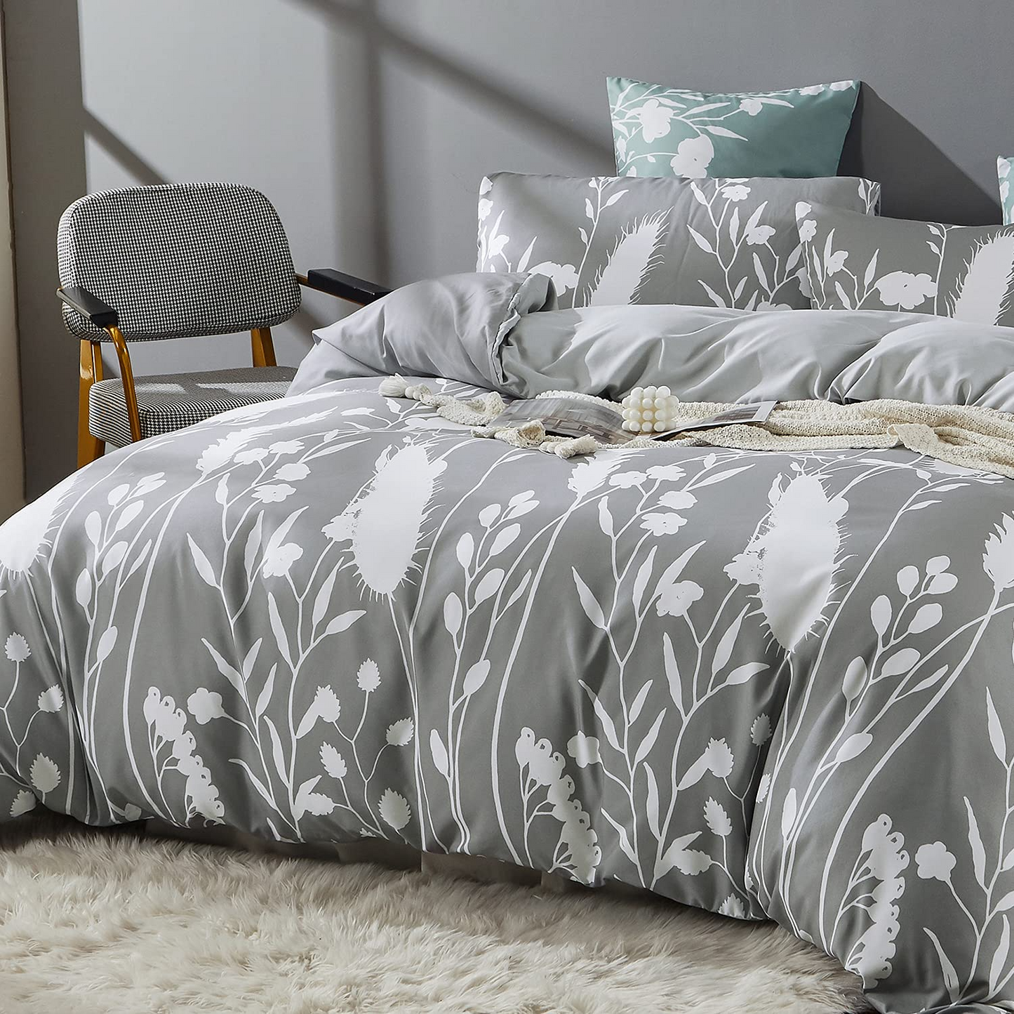 Grey Plant Pattern Comforter set 3 Pieces Bedding Comforter with 2 Pillow Cases