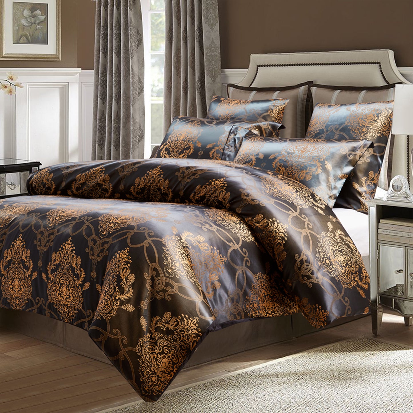 WONGS BEDDING Embroidery Satin Craft Duvet Cover Set With 2 Pillow Case