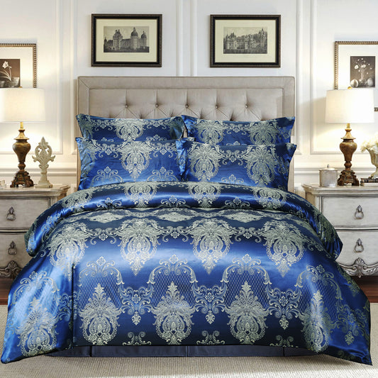 WONGS BEDDING Bright Blue Embroidery Satin Craft Duvet Cover Set With 2 Pillow Case