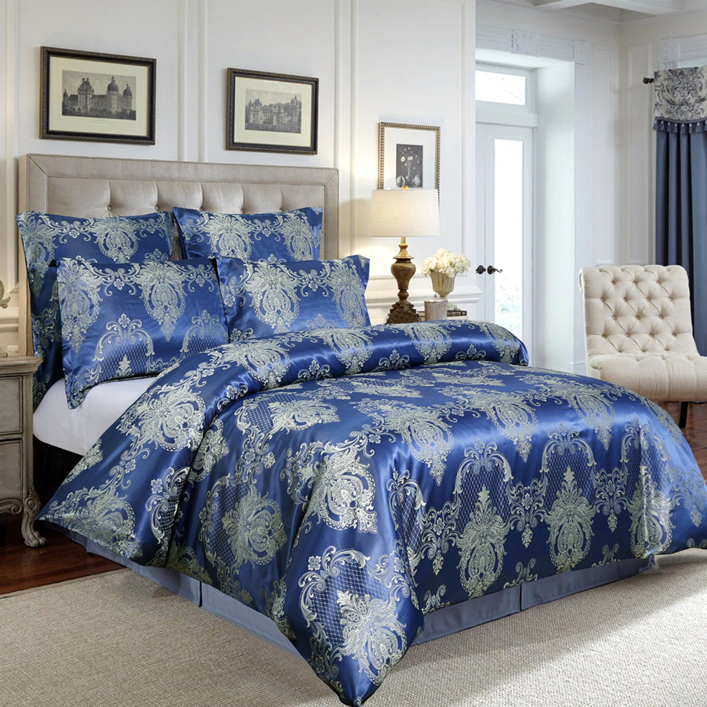 WONGS BEDDING Bright Blue Embroidery Satin Craft Duvet Cover Set With 2 Pillow Case