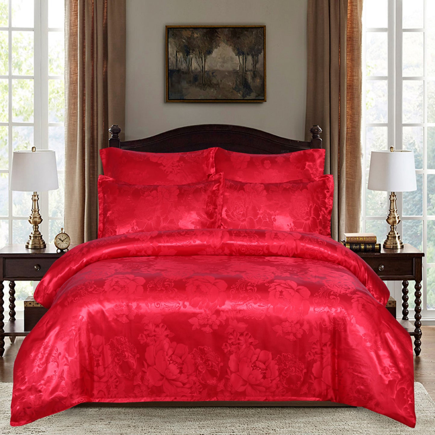 WONGS BEDDING Red Embroidery Satin Craft Duvet Cover Set With 2 Pillow Case