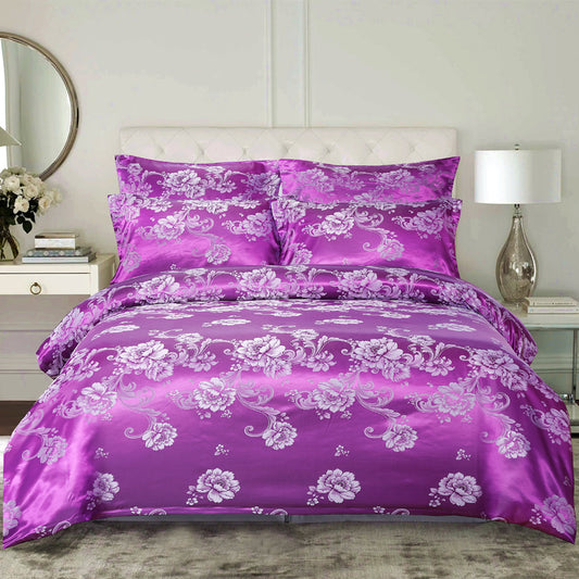 WONGS BEDDING Purple Embroidery Satin Craft Duvet Cover Set With 2 Pillow Case
