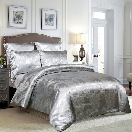 WONGS BEDDING Silver White Embroidery Satin Craft Duvet Cover Set With 2 Pillow Case