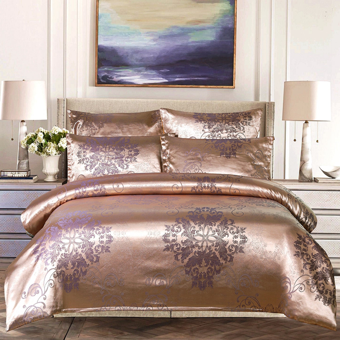 WONGS BEDDING Light Brown Embroidery Satin Craft Duvet Cover Set With 2 Pillow Case