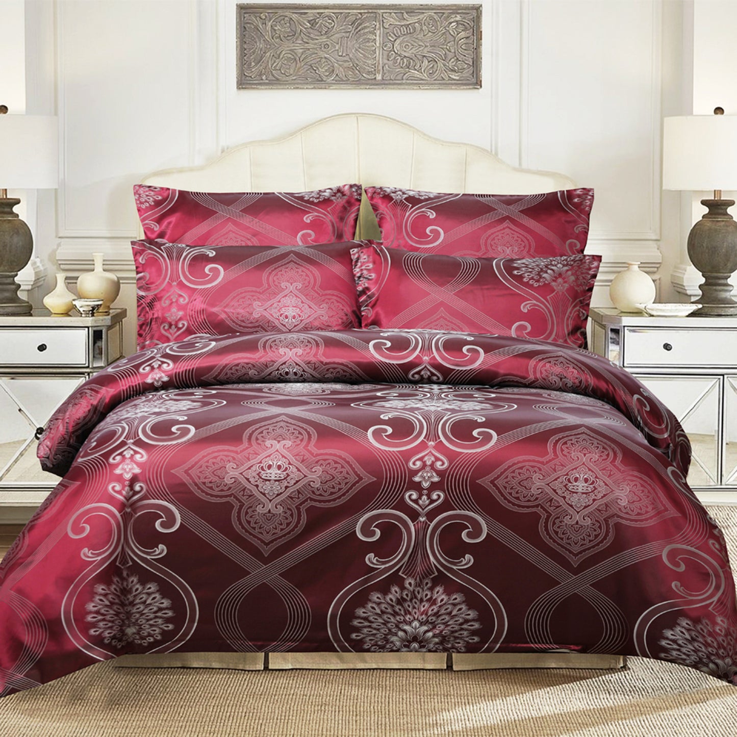 WONGS BEDDING Dark Red Embroidery Satin Craft Duvet Cover Set With 2 Pillow Case