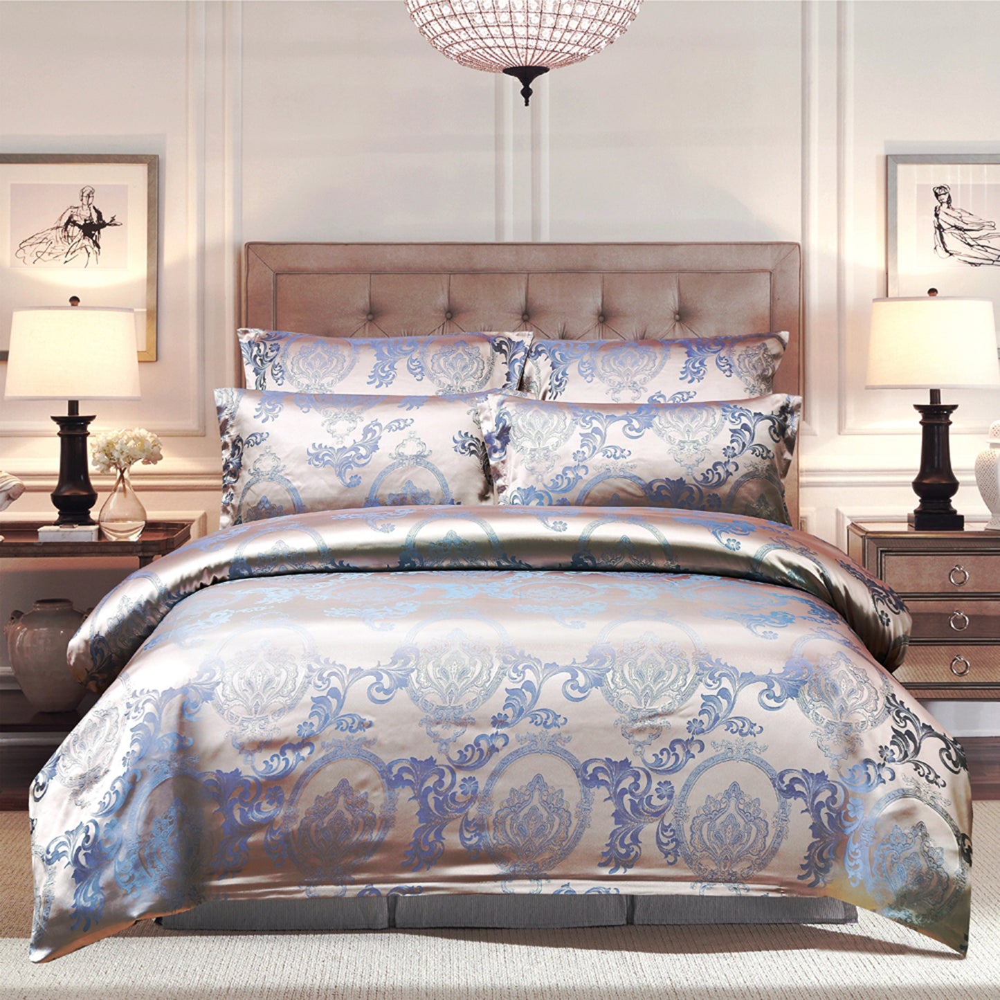 WONGS BEDDING Blue-Brown Embroidery Satin Craft Duvet Cover Set With 2 Pillow Case