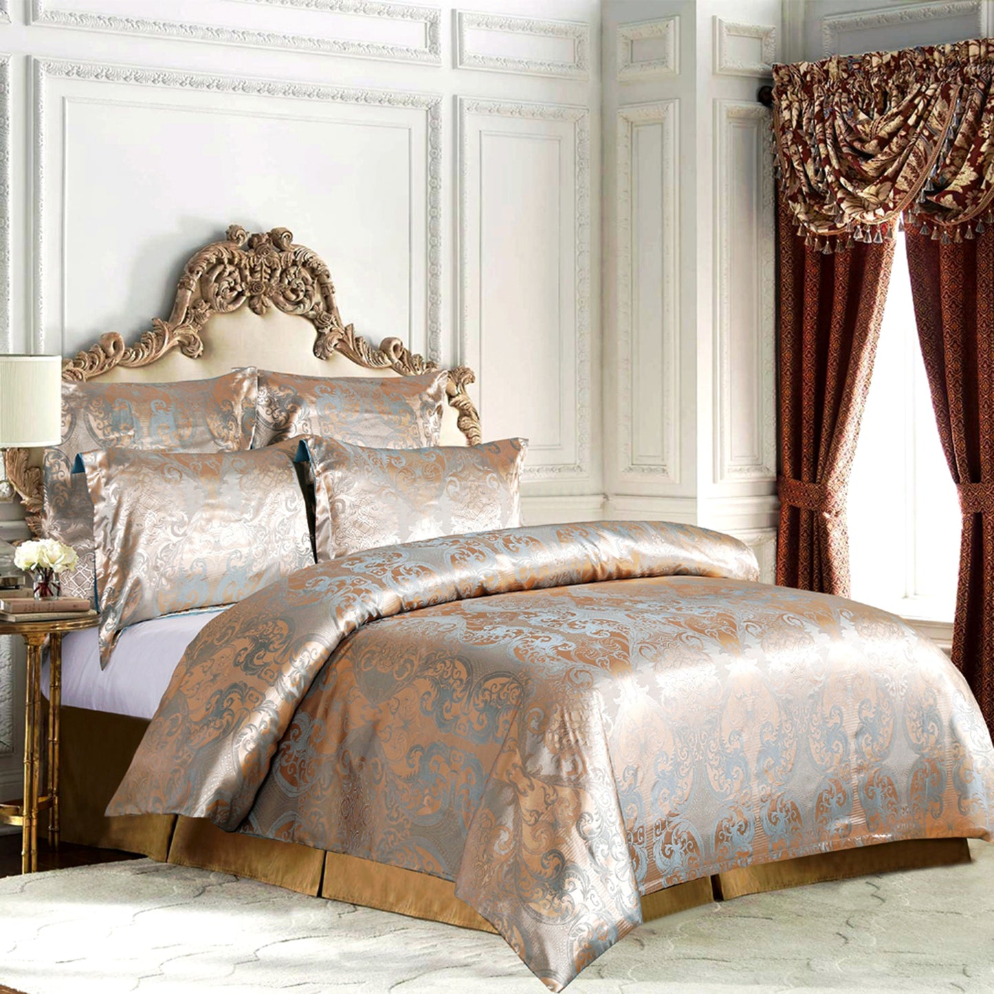 WONGS BEDDING Bronze Embroidery Satin Craft Duvet Cover Set With 2 Pillow Case