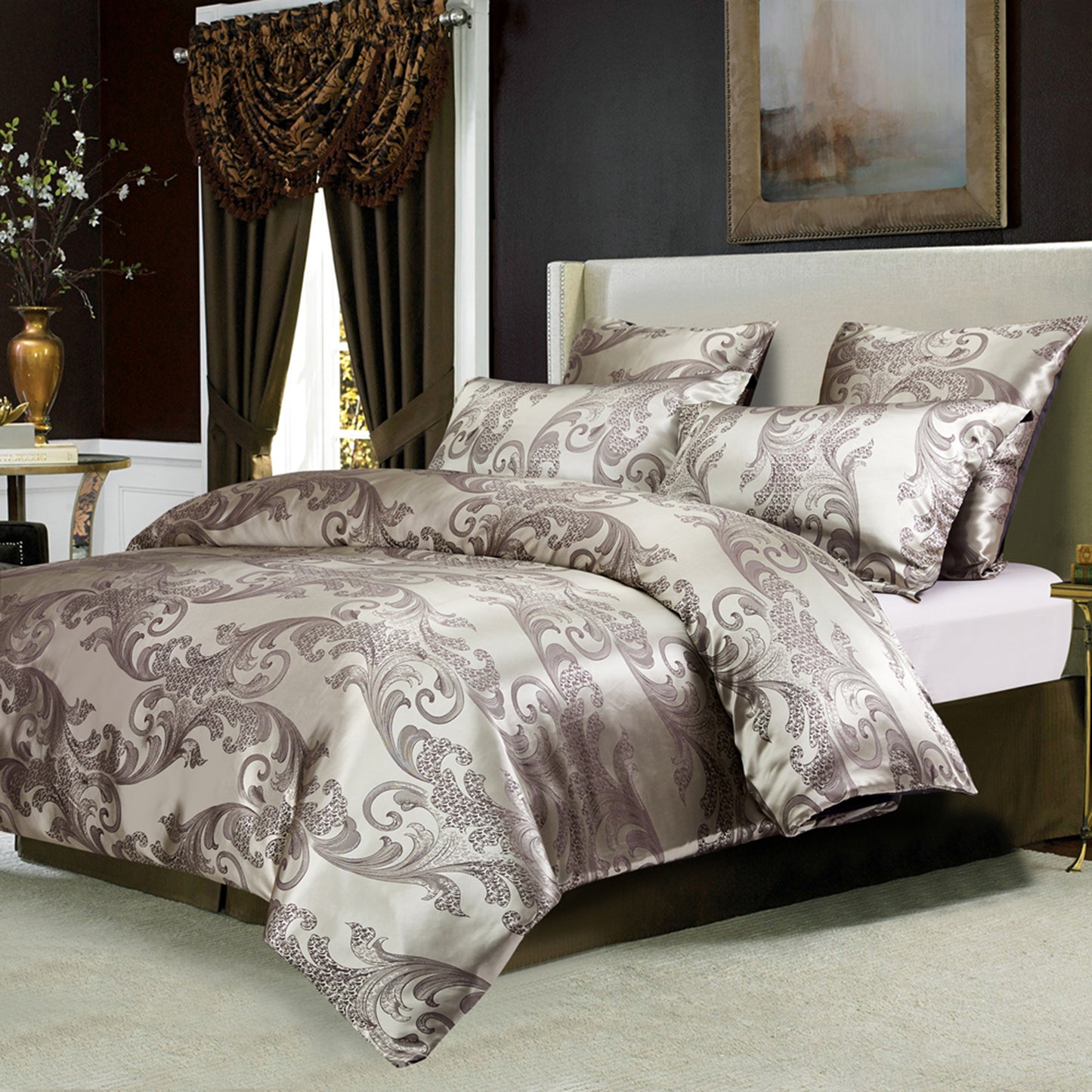 WONGS BEDDING Silver Gray Embroidery Satin Craft Duvet Cover Set With 2 Pillow Case