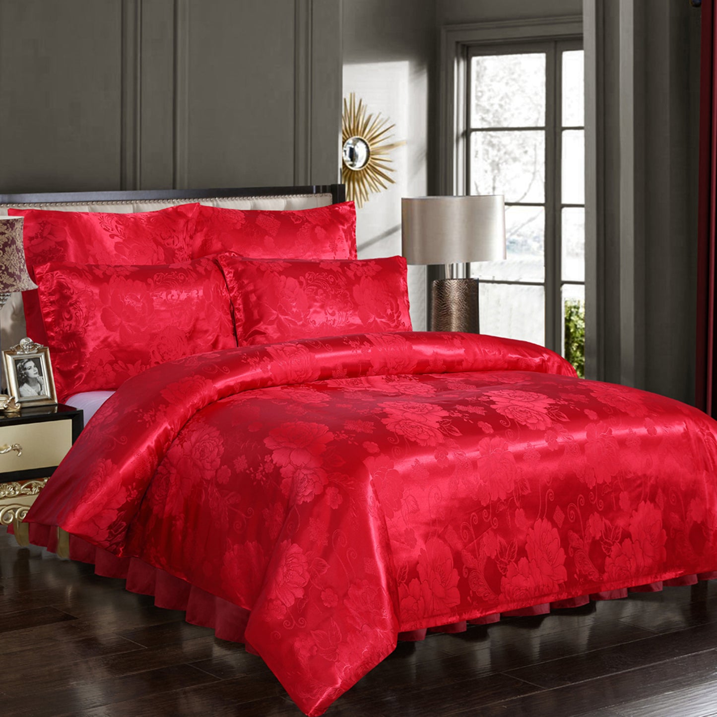WONGS BEDDING Bright Red Embroidery Satin Craft Duvet Cover Set With 2 Pillow Case