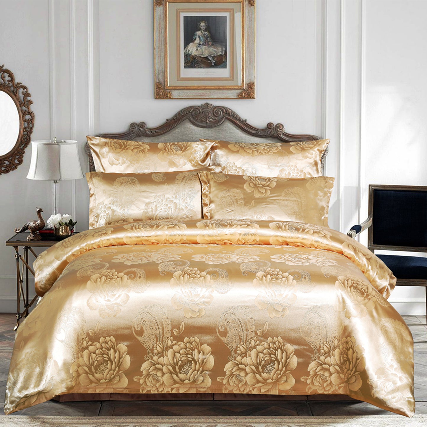 WONGS BEDDING Yellow Gold Embroidery Satin Craft Duvet Cover Set With 2 Pillow Case
