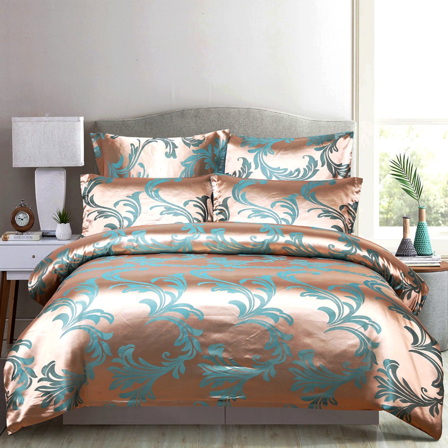 WONGS BEDDING Dark Copper Embroidery Satin Craft Duvet Cover Set With 2 Pillow Case