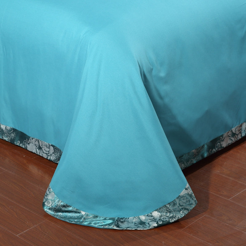 WONGS BEDDING Turquoise Embroidery Embroidery Satin Craft Duvet Cover Set With 2 Pillow Case
