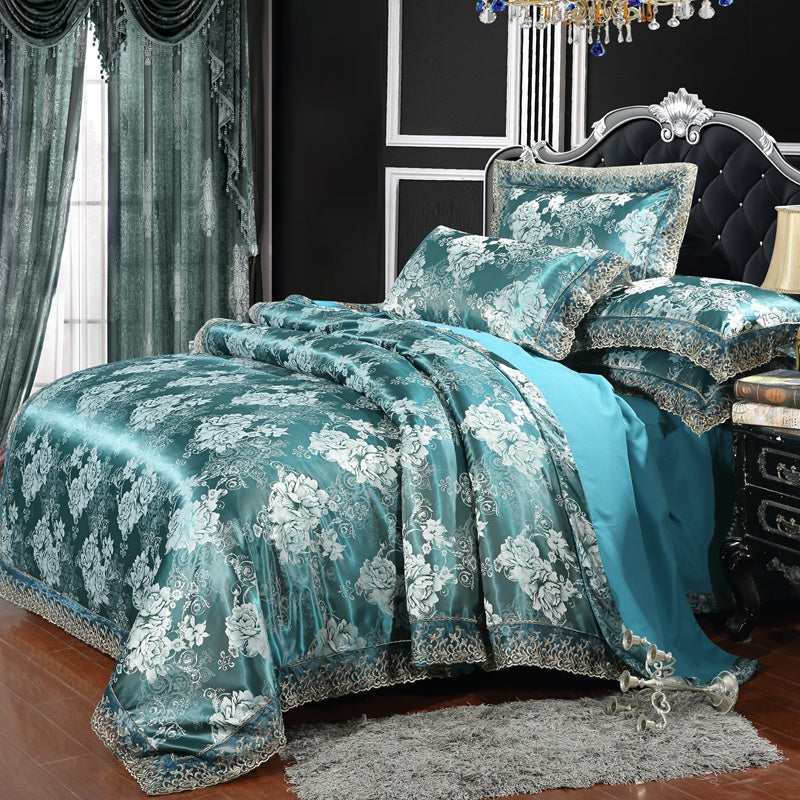 WONGS BEDDING Turquoise Embroidery Embroidery Satin Craft Duvet Cover Set With 2 Pillow Case