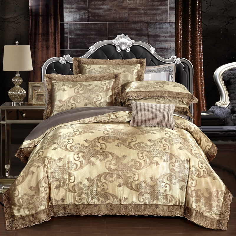 WONGS BEDDING Dark Gold Embroidery Embroidery Satin Craft Duvet Cover Set With 2 Pillow Case