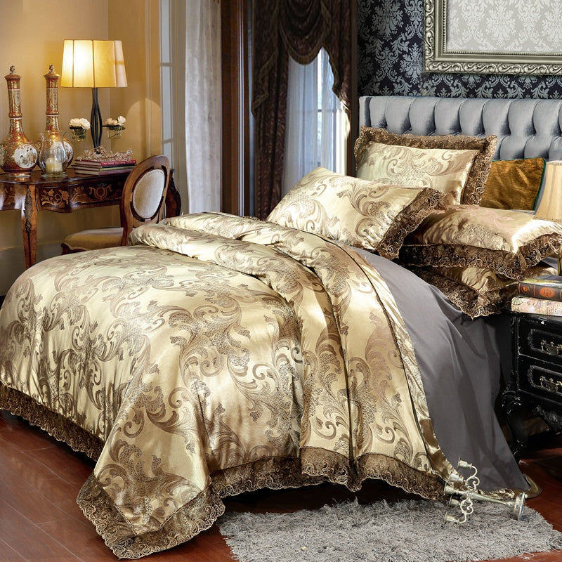 WONGS BEDDING Dark Gold Embroidery Embroidery Satin Craft Duvet Cover Set With 2 Pillow Case