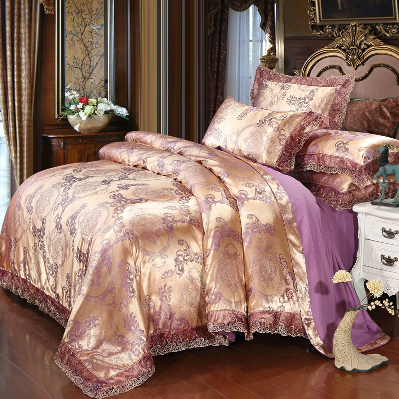 WONGS BEDDING Brass Embroidery Satin Craft Duvet Cover Set With 2 Pillow Case
