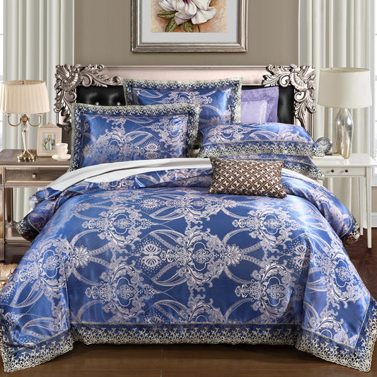 WONGS BEDDING Bright Blue Embroidery Embroidery Satin Craft Duvet Cover Set With 2 Pillow Case
