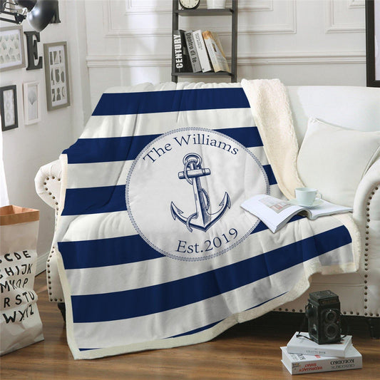 WONGS BEDDING Blue and white striped anchor fleece blanket bedroom living room decoration blanket - Wongs bedding