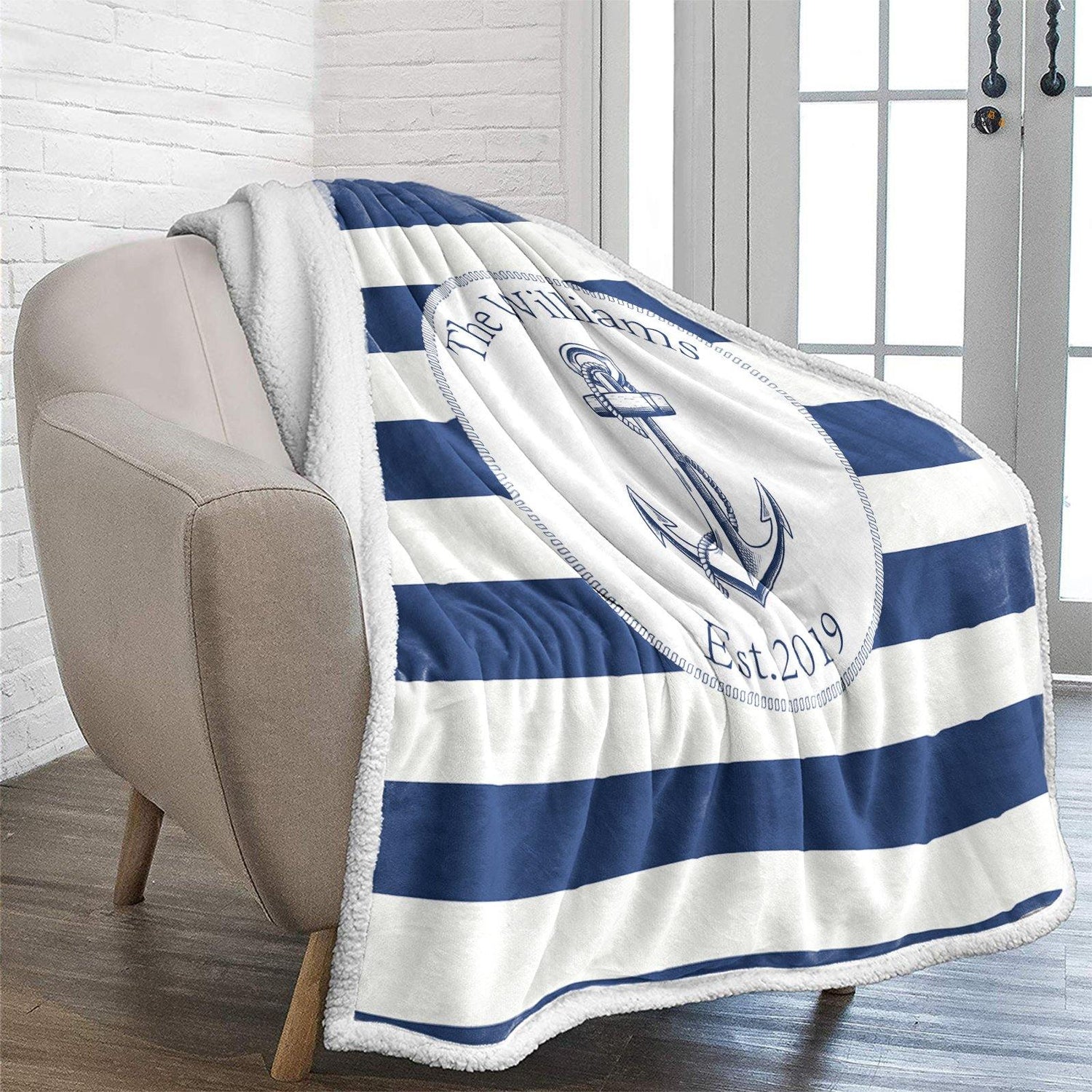 WONGS BEDDING Blue and white striped anchor fleece blanket bedroom living room decoration blanket - Wongs bedding