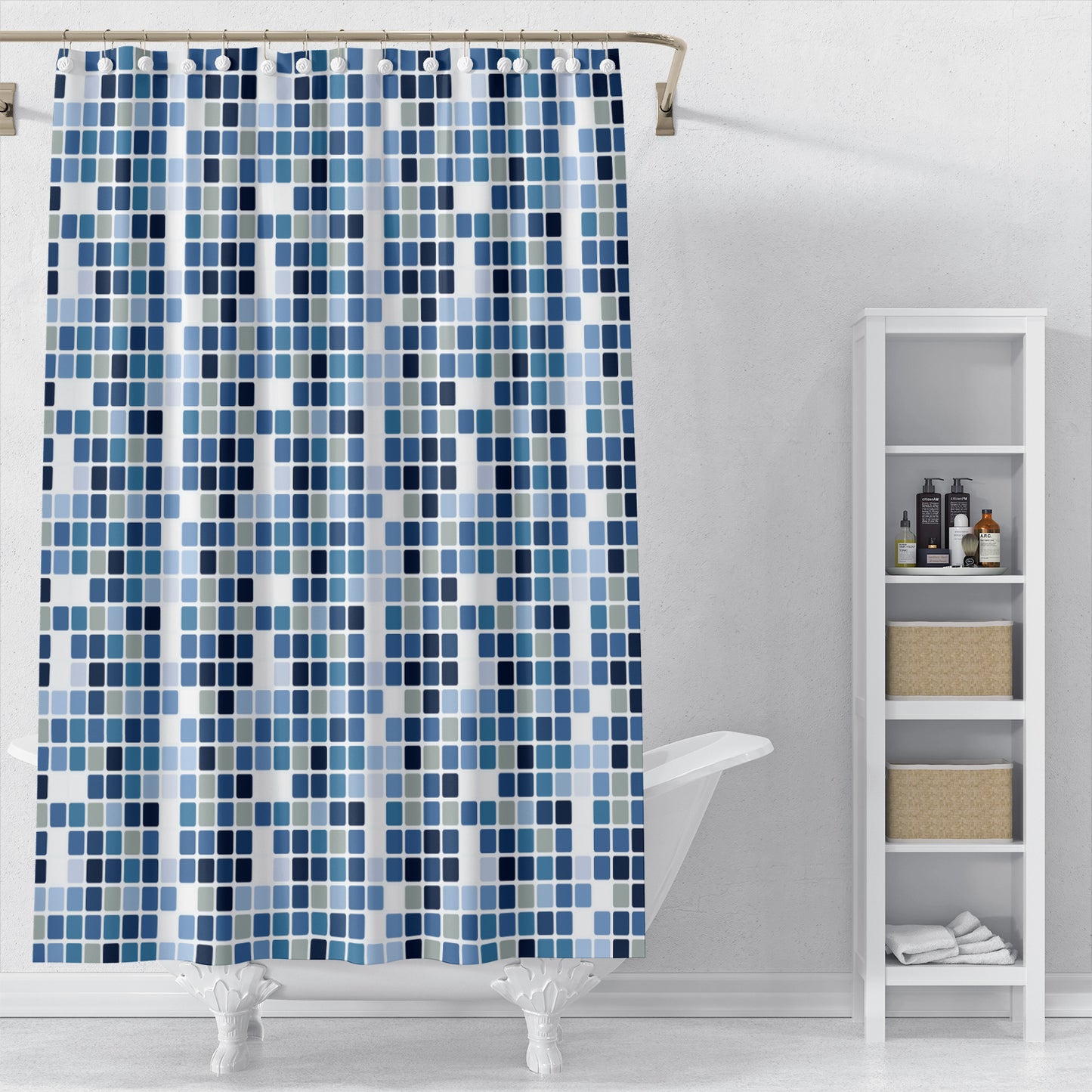 Wongs Bedding Blue Mosaic Pattern Mould Proof Resistan Polyester Fabric Shower Curtain
