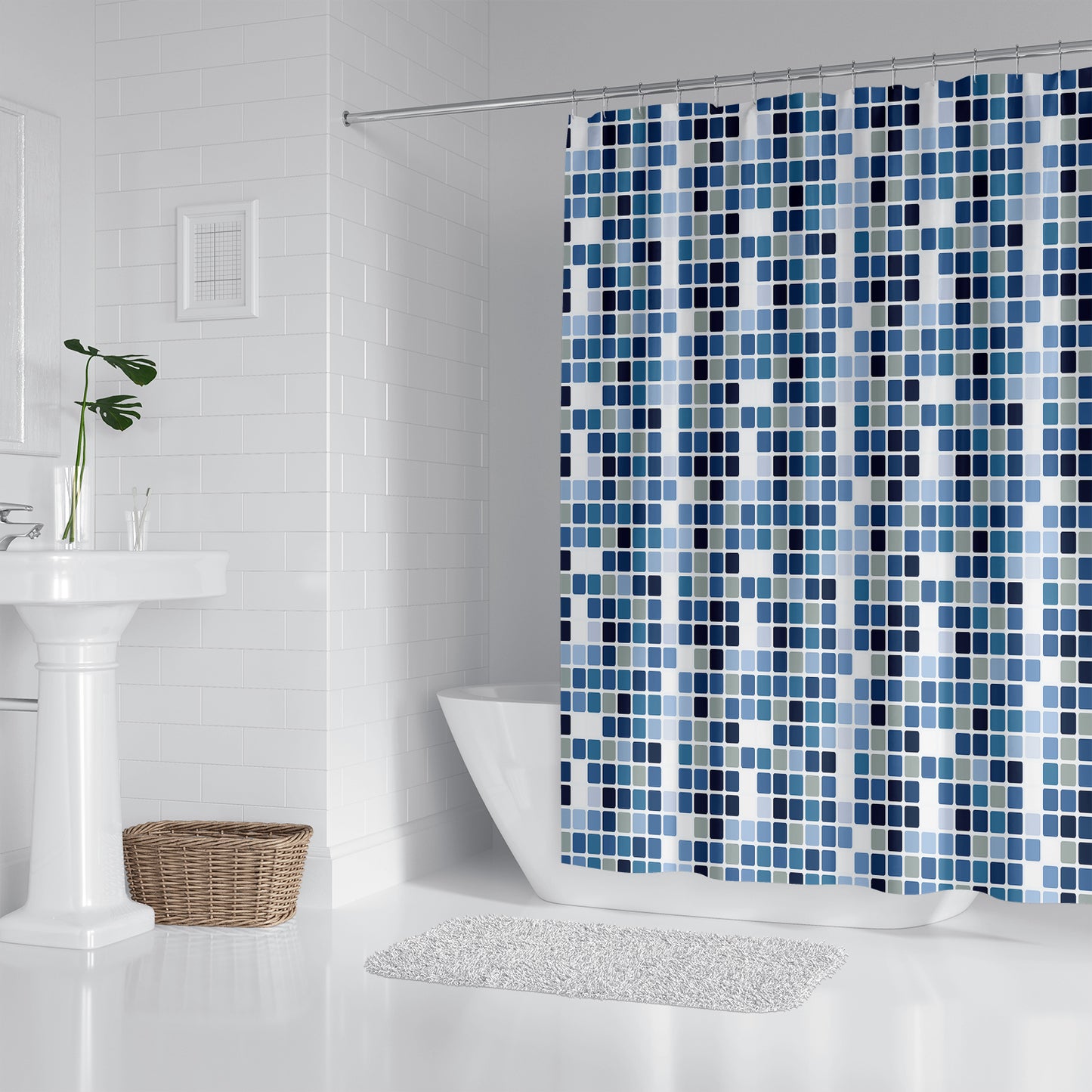 Wongs Bedding Blue Mosaic Pattern Mould Proof Resistan Polyester Fabric Shower Curtain