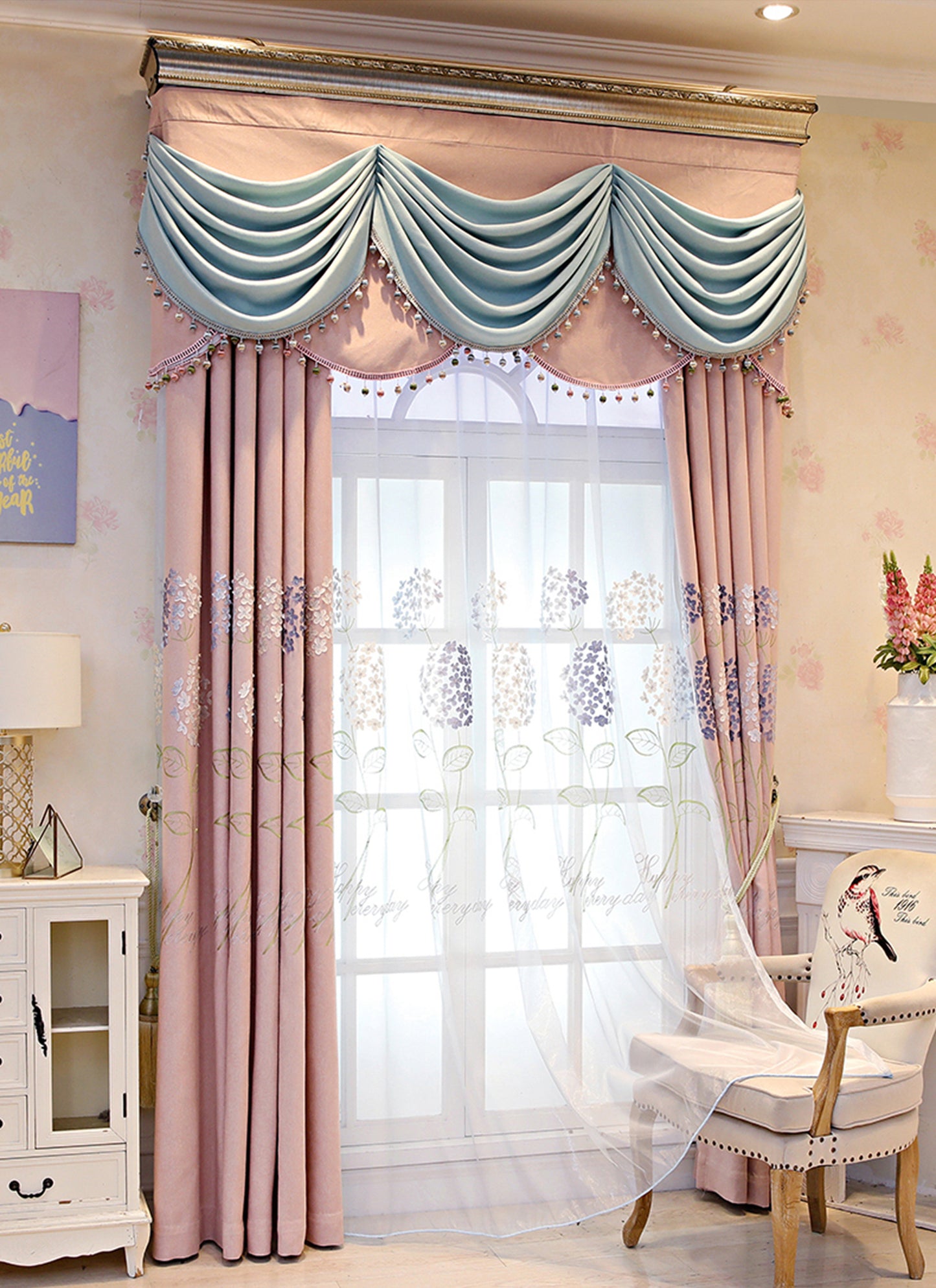 Pink embroidered floral pattern Curtains for Living Room Bedroom Decoration High-end Floral Curtains Ctom 2 Panels Drapes