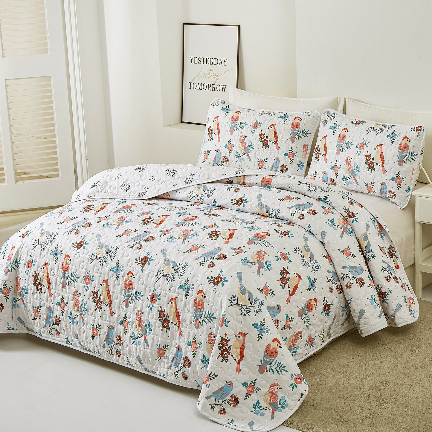 Bird Floral Plant Print Bedspread Reversible Coverlet 3 Pieces Quilt Set with 2 Pillowcases