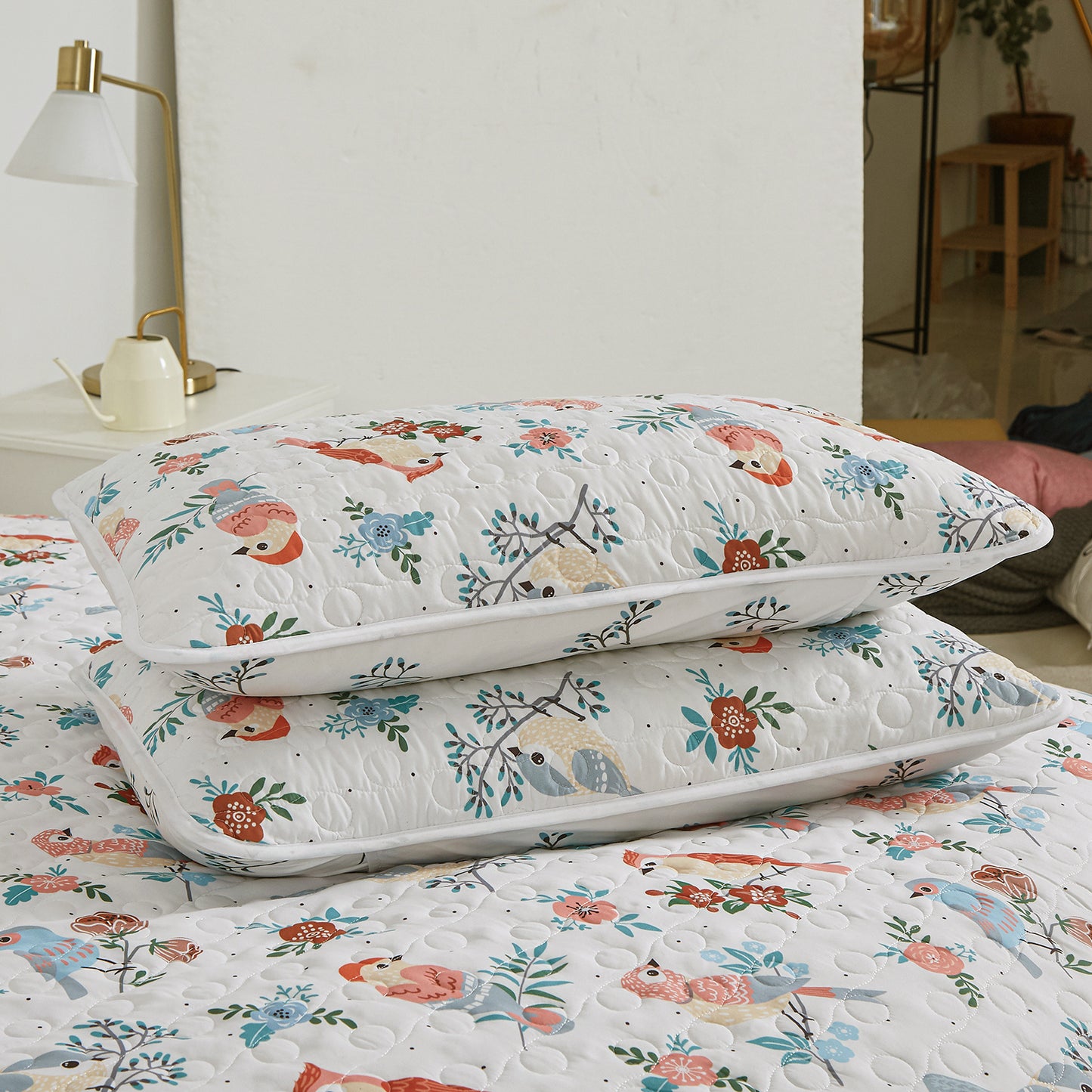 Bird Floral Plant Print Bedspread Reversible Coverlet 3 Pieces Quilt Set with 2 Pillowcases