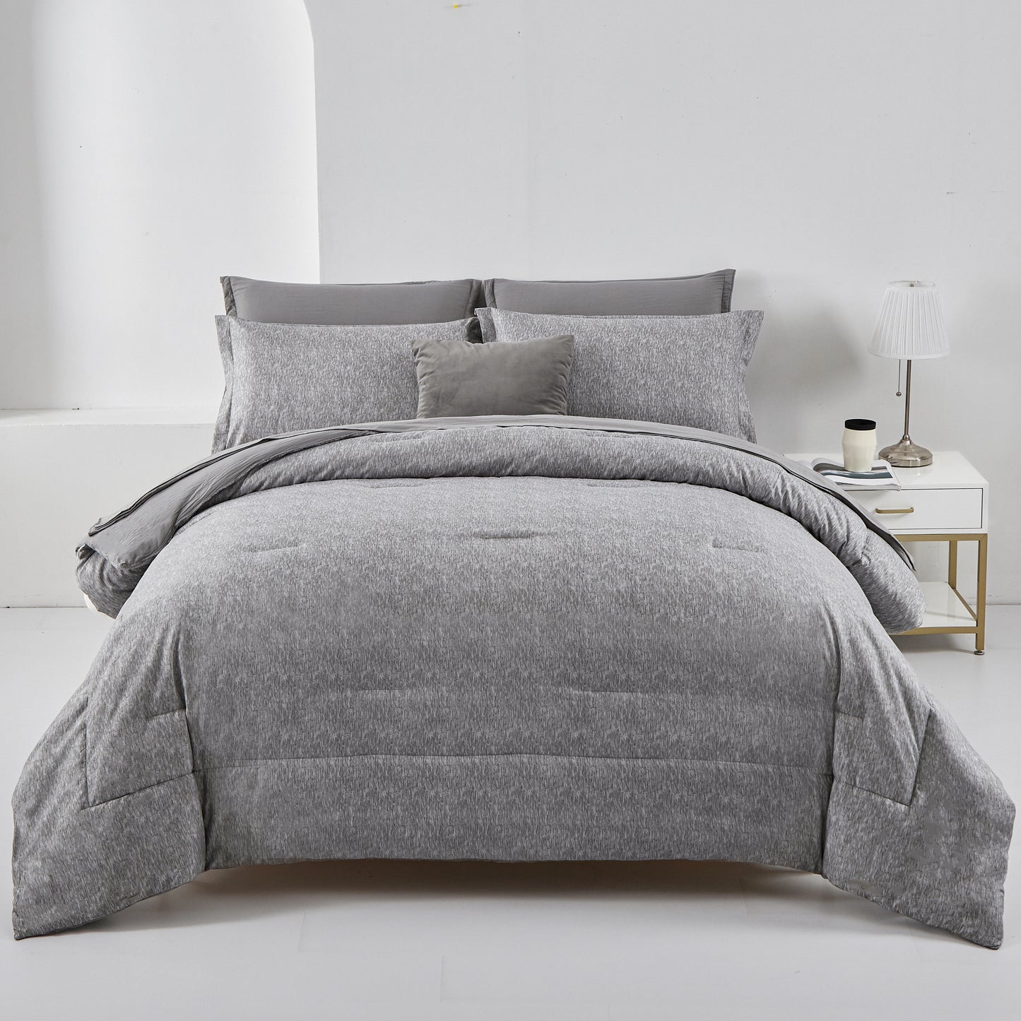 Wongs Bedding Grey Solid Color7 Pieces Comforter Set With 4 Pillows