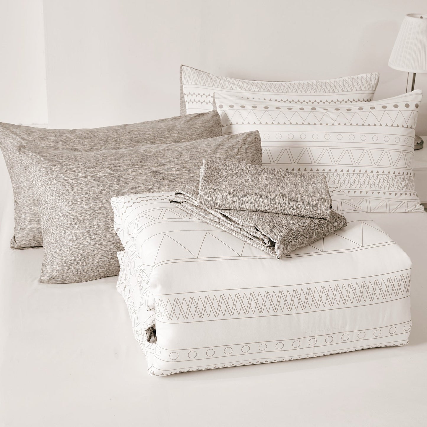 Grey Reversible Striped Bohemian 7 Pieces Comforter Set With 4 Pillowshams