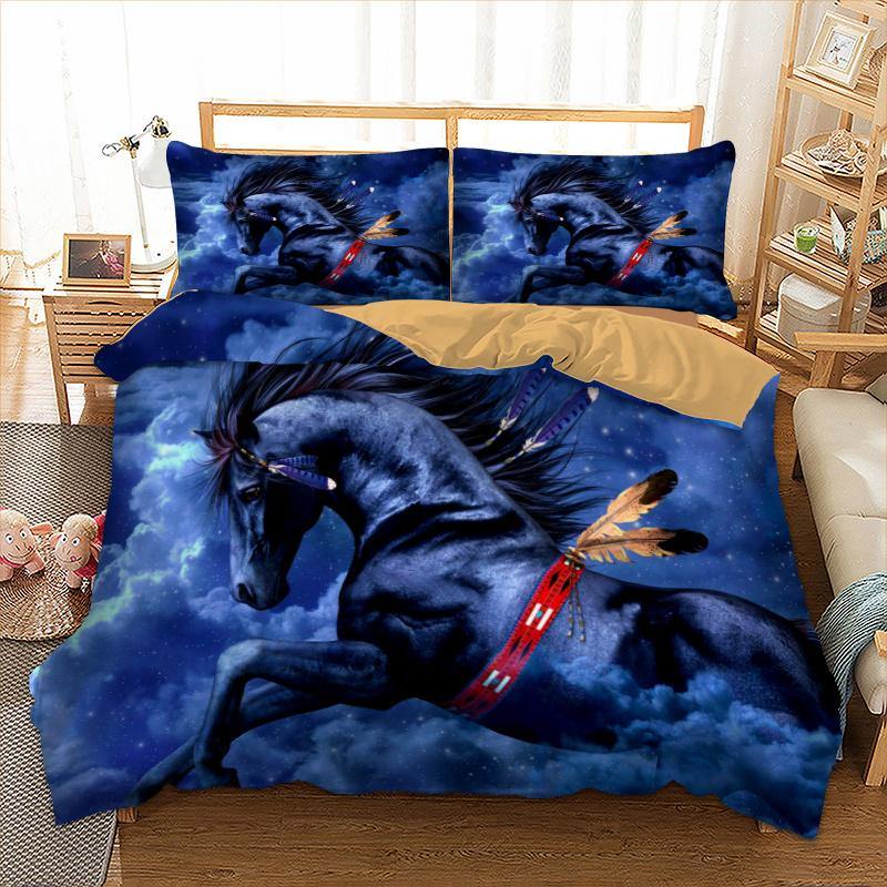Blue Galloping horse Duvet Cover with 2 Pillowcases Easy to Care Soft Microfiber Adults Flower Bedding Set with Zipper Closure - Wongs bedding