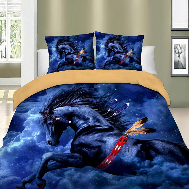 Blue Galloping horse Duvet Cover with 2 Pillowcases Easy to Care Soft Microfiber Adults Flower Bedding Set with Zipper Closure - Wongs bedding