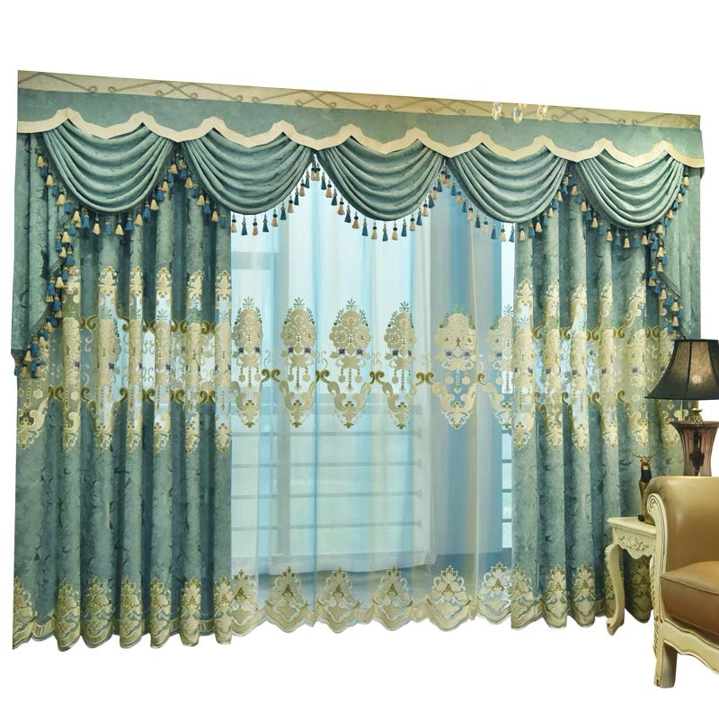 European Luxury Elegant Embroidered Shading Curtains Green Blackout Curtain for Living Room Bedroom Custom 2 Panels Drapes
