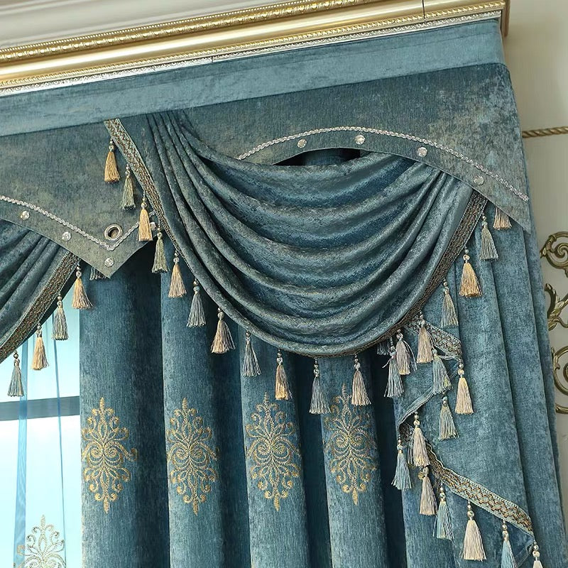 European Blue Embroidery Hollowed-out Shading Curtains for Living Room Bedroom Decoration High-end Floral Curtains Custom 2 Panels Drapes
