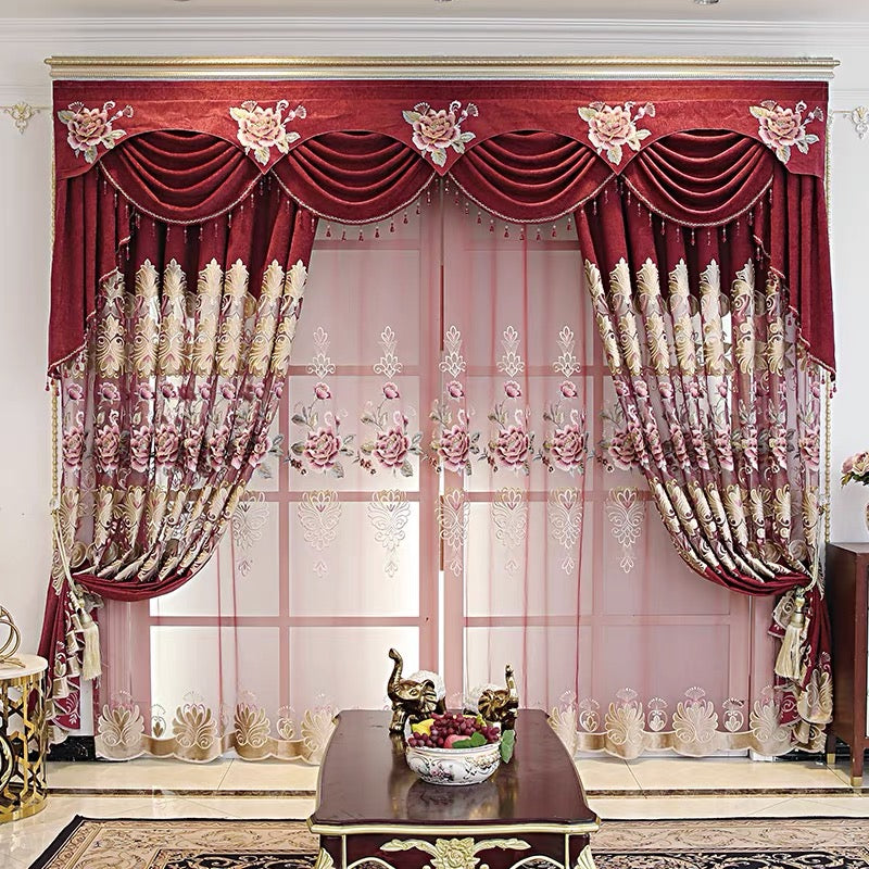 European Red Embroidery Hollowed-out Shading Curtains for Living Room Bedroom Decoration High-end Floral Curtains Custom 2 Panels Drapes