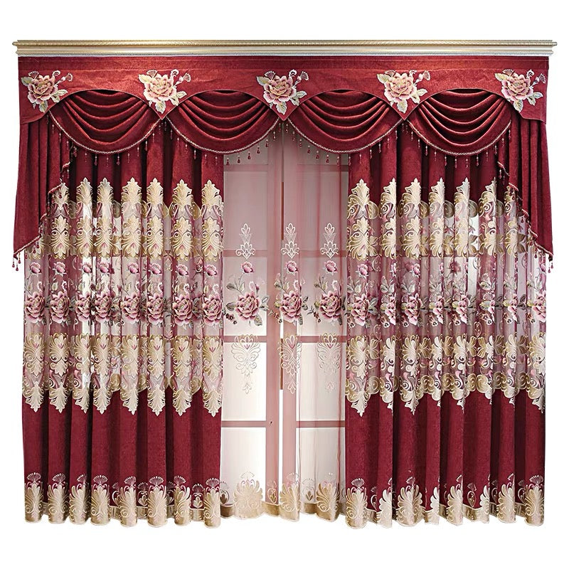 European Red Embroidery Hollowed-out Shading Curtains for Living Room Bedroom Decoration High-end Floral Curtains Custom 2 Panels Drapes