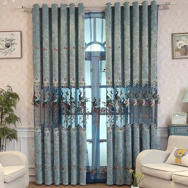 European Peacock Shading Curtains Noble and Elegant Blackout Curtains for Villa Bedroom Living Room Decoration Custom 2 Panels Breathable Voile Drapes