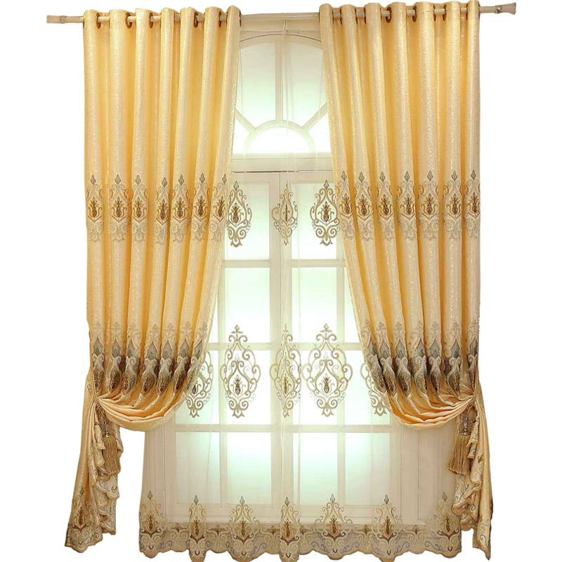 European Luxury Elegant Embroidered Shading Curtains Yellow Blackout Curtain for Living Room Bedroom Custom 2 Panels Drapes