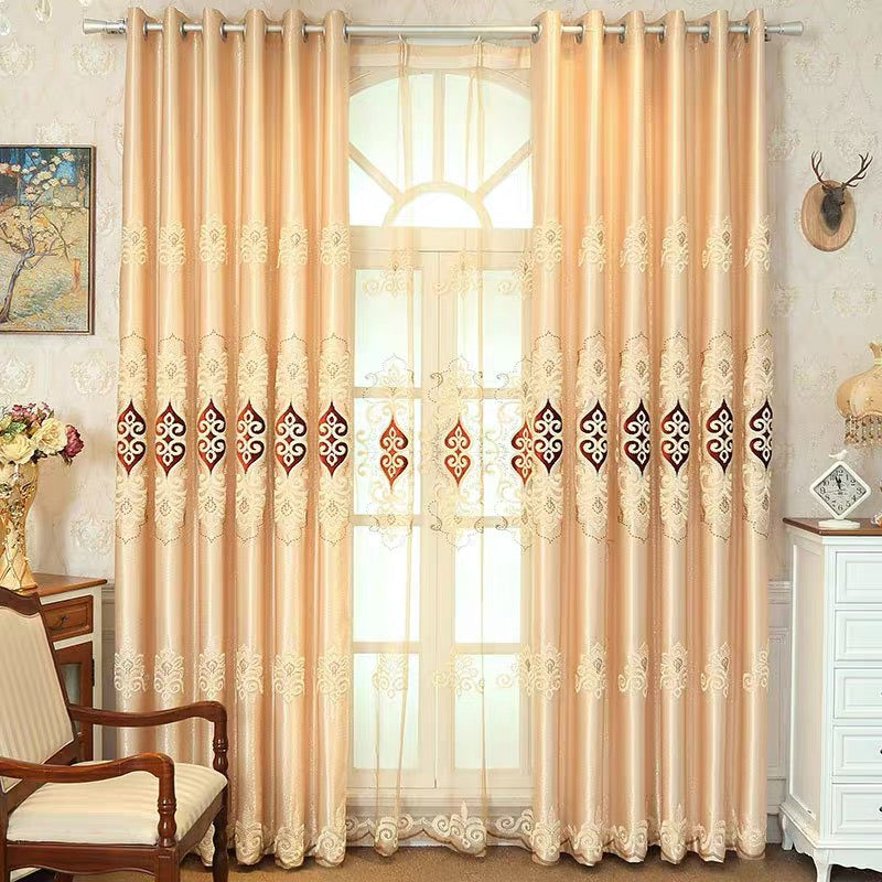 European Floral Embroidery Grommet Shading Curtains Polyester Decoration Blackout Custom 2 Panels Drapes for Living Room Bedroom