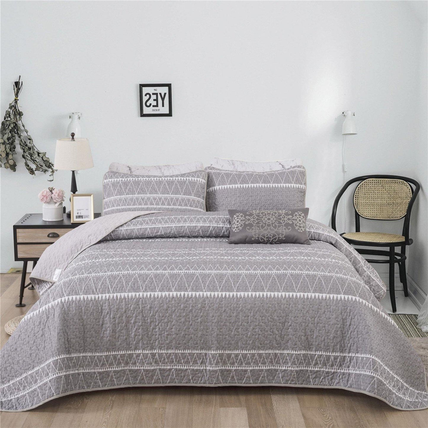 Simple lines 3 Pieces Boho Quilt Set Coverlet with 2 Pillowcases - Wongs bedding