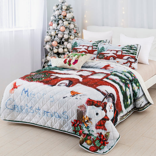 Christmas Holiday Design Quilt Set with 2 Pillowcases
