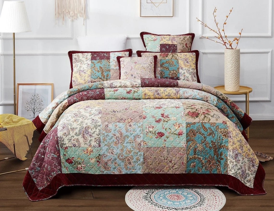 Pure Cotton Bohemian Burgundy Red Floral Patchwork Quilt Set With 2 Pillowcases